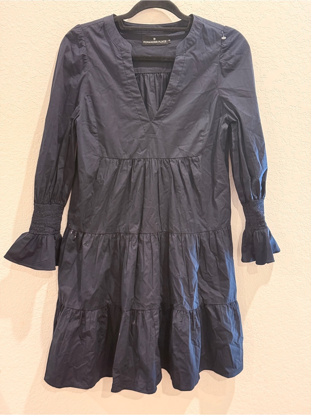 Pomander Place Navy Tiered V-Neck Long Sleeve Dress